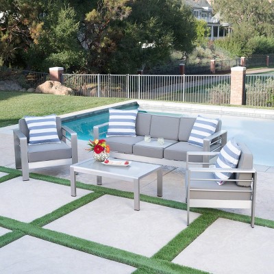 Cape Coral 4pc Aluminum Chat Set - Khaki - Christopher Knight Home: Modern Outdoor Conversation Furniture