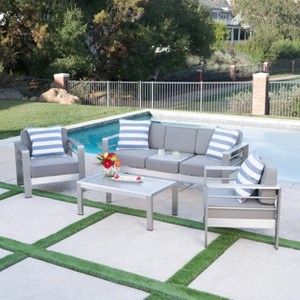 Cape Coral 4pc Aluminum Chat Set - Khaki - Christopher Knight Home: Modern Outdoor Conversation Furniture - 1 of 4