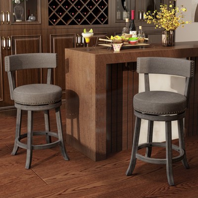 Gray 26" Swivel Counter Height Stools with Wood Frame and Upholstered Seat
