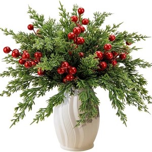 Attop 45 Pcs Christmas Artificial Pine Branches with Red Berry Stems, 10.5" Faux Evergreen Norfolk Pine Cypress Leaves Stems - 1 of 4