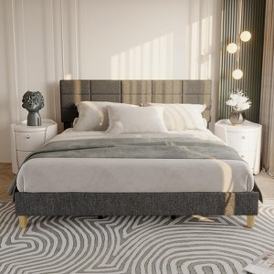 Full Size Bed Frame with Adjustable Headboard, Linen Upholstered Full Platform Bed Frame with Wooden Slats Support, Mattress Foundation - 1 of 4