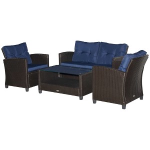 Outsunny 4 Pieces Patio Furniture Sets Rattan Wicker Chair w/ Table Outdoor Conversation Set with Cushion for Backyard Porch Garden Poolside and Deck - 1 of 4