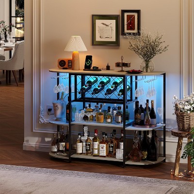 Coucheta Bar Cart with Power Outlet, LED Home Bar Cabinet for Liquor, 47.2" L x 15.7" D x 36" H Metal Mini Bar Table with 4-Tier Storage