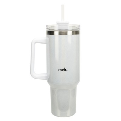 100 North Meh. Over It Sarcastic Humor Wrap-Around 40 Oz. Stainless Steel Water Bottle Coffee Mug, Spill & Leak Resistant, Travel Tumbler with Handle,