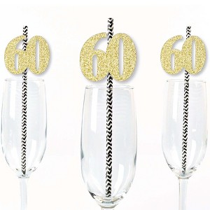 Big Dot of Happiness Gold Glitter 60 Party Straws - No-Mess Real Gold Glitter Cut-Out Numbers & Decorative 60th Birthday Party Paper Straws - 24 Ct - 1 of 4