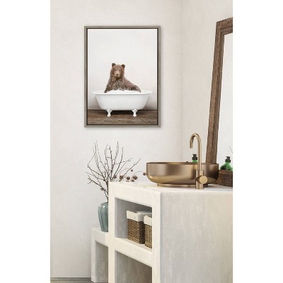 Gray Framed Bear in Bubble Bath Canvas Art