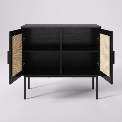 Emmet Black and Natural Wood Sideboard Buffet with Cane Doors