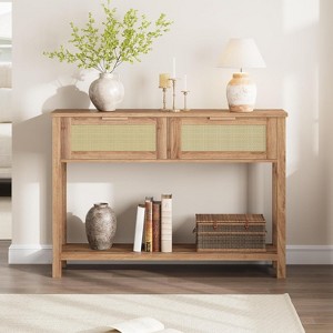 Rattan Console Table for Entryway, Wood Entryway Table with Storage, Boho Sofa Table for Living Room, Hallway Foyer Table Home Furniture - 1 of 4