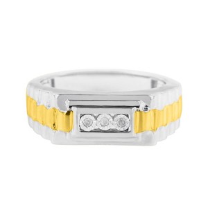 Men's 10K Yellow Gold Plated Silver Diamond Accent 3 Stone Ridged Band Ring - 1 of 4