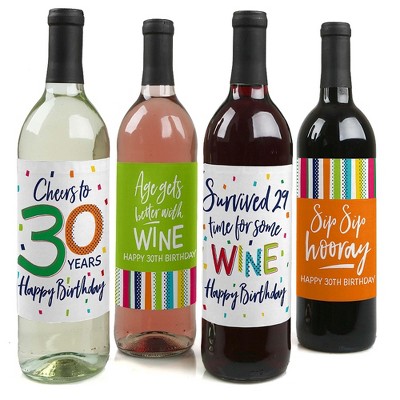 Big Dot of Happiness 30th Birthday - Cheerful Happy Birthday - Colorful Thirtieth Birthday Party Decor - Wine Bottle Label Stickers - Set of 4