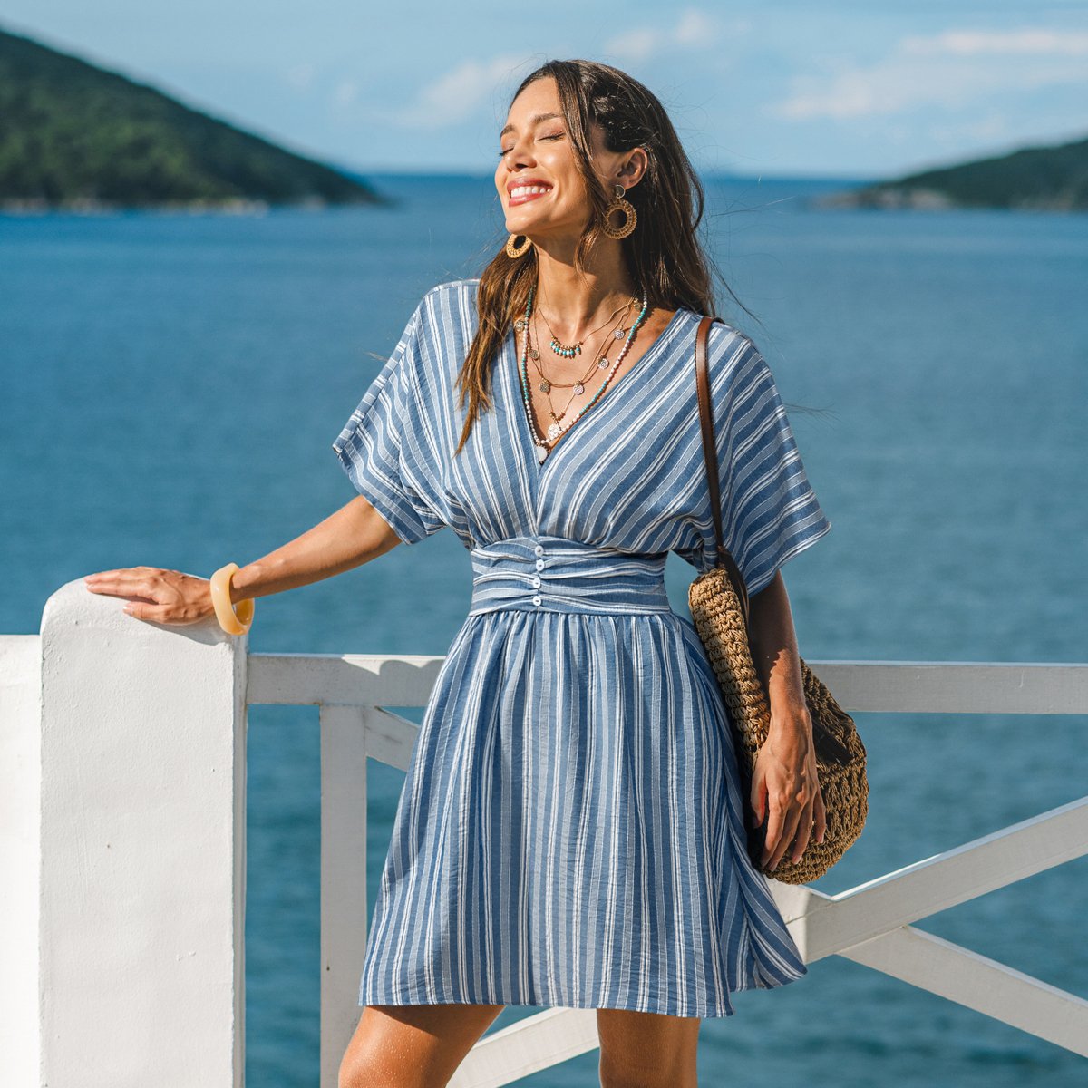 Женские платья Cupshe Women's Striped A-Line Waist-Defined Wrap Dress-L-Light Blue — фото 4