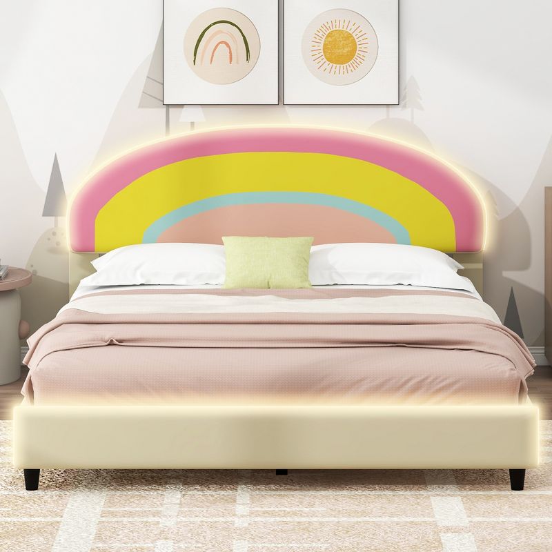 Full/Twin Size Upholstered Platform Bed with Rainbow Shaped and Height-adjustable Headboard, LED Light Strips, Beige -ModernLuxe, 3 of 13