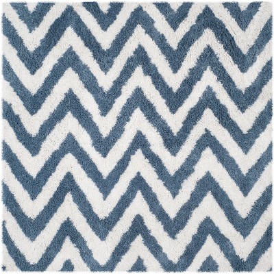 Ivory & Blue Hand-Tufted Shag Square Wool Blend Rug 5'x5'