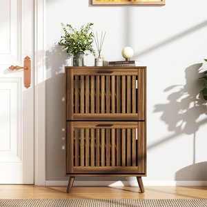 Hommoo Walnut Slim Shoe Cabinet, 2 Flip Drawers W/Black Handles, Narrow 12-Pair Entryway Storage, Freestanding Hallway/Bedroom Organizer, 36.4″ H - 1 of 4