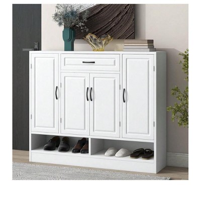 White Shoe Cabinet 5-Tier Shoe Storage Organizer With Doors, Wooden Shoe Cabinet Storage For Entryway, Freestanding Shoe Rack Cabinet With Adjustable