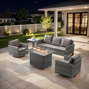 Buenhomino 5-Piece Patio Furniture Set with Fire Pit,Wicker Outdoor Swivel Rocker Chairs Patio Sofa for Backyard,Poolside,Deck,Gray Wicker - 1 of 4