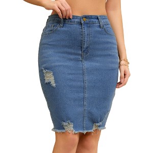 INSPIRE CHIC Women's Ripped Raw Hem High Waisted Stretch Summer Above the Knee Casual Denim Skirts - 1 of 4