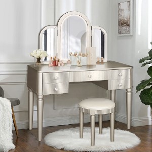 Okak Vanity Table with Drawers and Lights, Mirrored Vanities Desk with Drawers, Bedroom Makeup Vanity Table Set with Mirror and Stool - 1 of 4