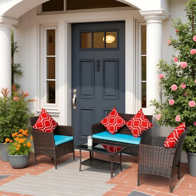 FIONECA 4-Piece Outdoor PE Rattan Sofa Set with Coffee Table and Sapphire Blue Cushions