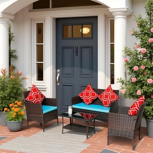 FIONECA 4-Piece Outdoor PE Rattan Sofa Set with Coffee Table and Sapphire Blue Cushions - 1 of 4