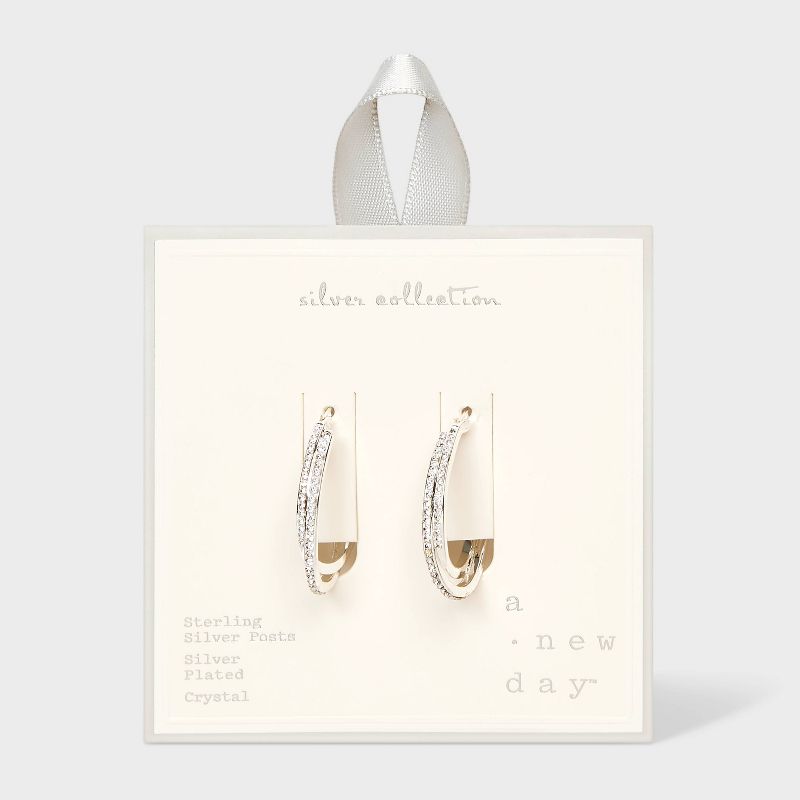 Sterling Silver Posts With Silver Plated Crystal Click Top Hoop Earrings - A New Day&#8482; Silver, 1 of 5