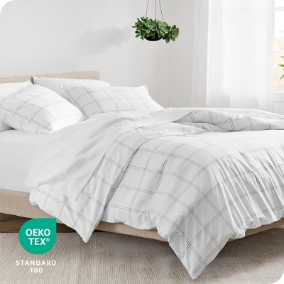 Twin/Twin XL Modern Plaid White/Grey Microfiber Duvet Set