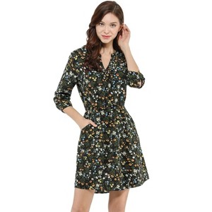 Allegra K Women's Button Front Floral Print Split Neck 3/4 Sleeves Mini Dresses - 1 of 4