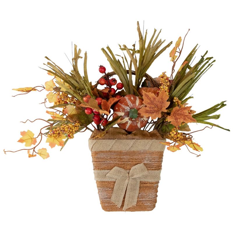 Northlight 19" Artificial Fall Harvest Foliage with Bow Wall Basket, 1 of 4