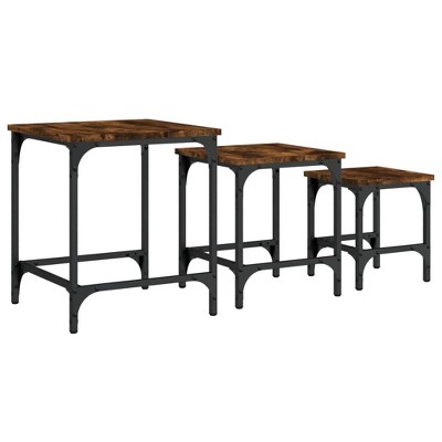 vidaXL Set of 3 Smoked Oak Nesting Coffee Tables - Industrial Design, Engineered Wood, Various Sizes, Metal Frame, Max 99.2 lb Load