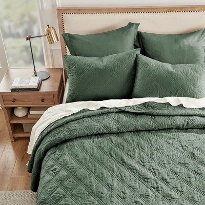Forest Green Linen and Cotton Quilted Standard Sham