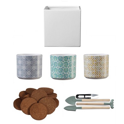 Indoor Ceramic Planter & Gardening Kit – Livorno Mosaic & Latina Pot Set, 6pc