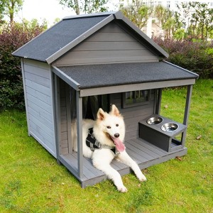 Okak 44.6IN Large Dog House with Large Terrace, Wooden Dog Kennel with Asphalt Roof, Weatherproof Dog Crate with Cleaning Mat, Feeding Bowl, Gray - 1 of 4