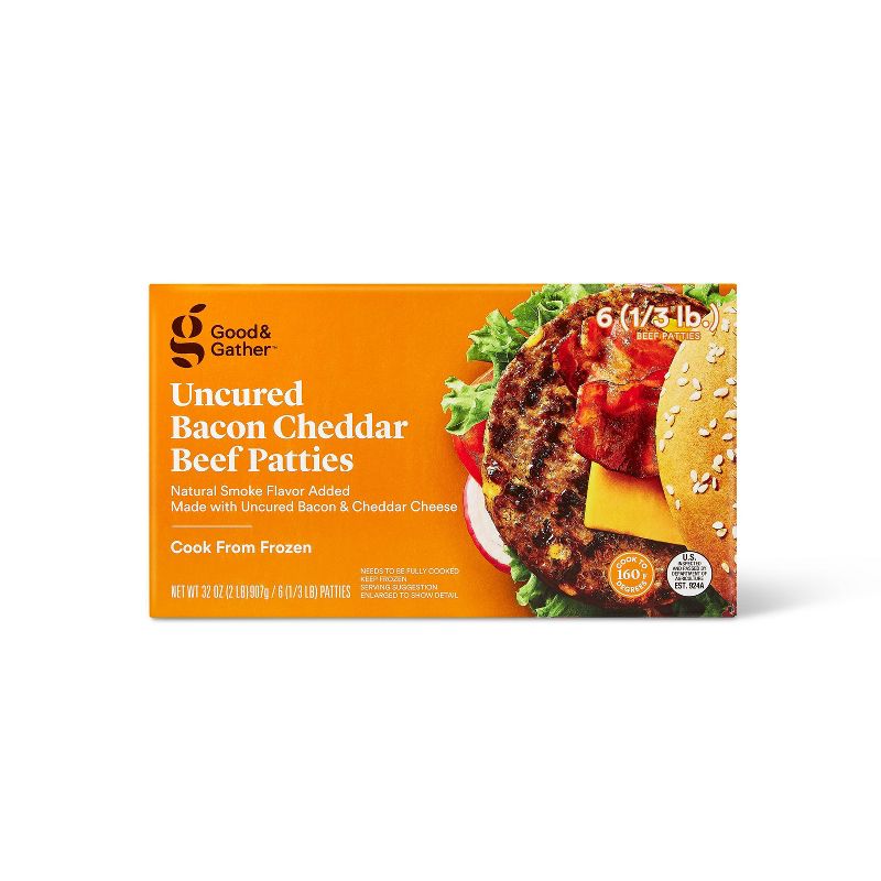 Uncured Bacon and Cheddar Beef Patties - Frozen - 2lbs - Good &#38; Gather&#8482;, 1 of 5