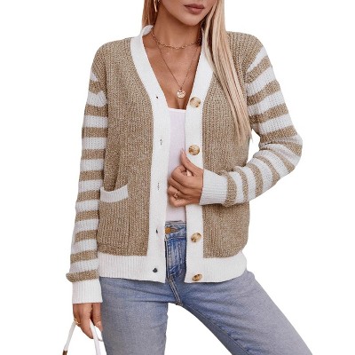 Coolmee Womens Striped Cardigan Sweaters Casual Open Front Long Sleeve Button Down Color Block Knit Outwear