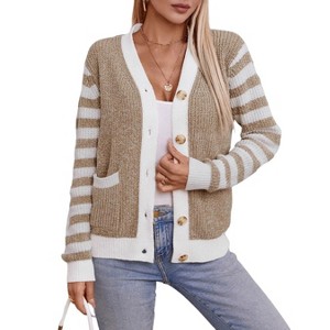 Coolmee Womens Striped Cardigan Sweaters Casual Open Front Long Sleeve Button Down Color Block Knit Outwear - 1 of 4
