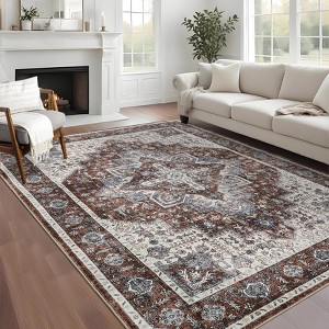 Area Rugs for Living Room Bedroom Washable Vintage Distressed Print Pattern Medallion Carpet Non-Slip Low Pile Rug - 1 of 4