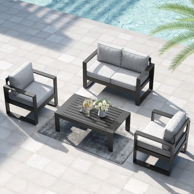 LayinSun 4 Pieces Aluminum Outdoor Patio Furniture Set, Metal Modern Conversation Sofa Set with Coffee Table and Washable Thick Cushions