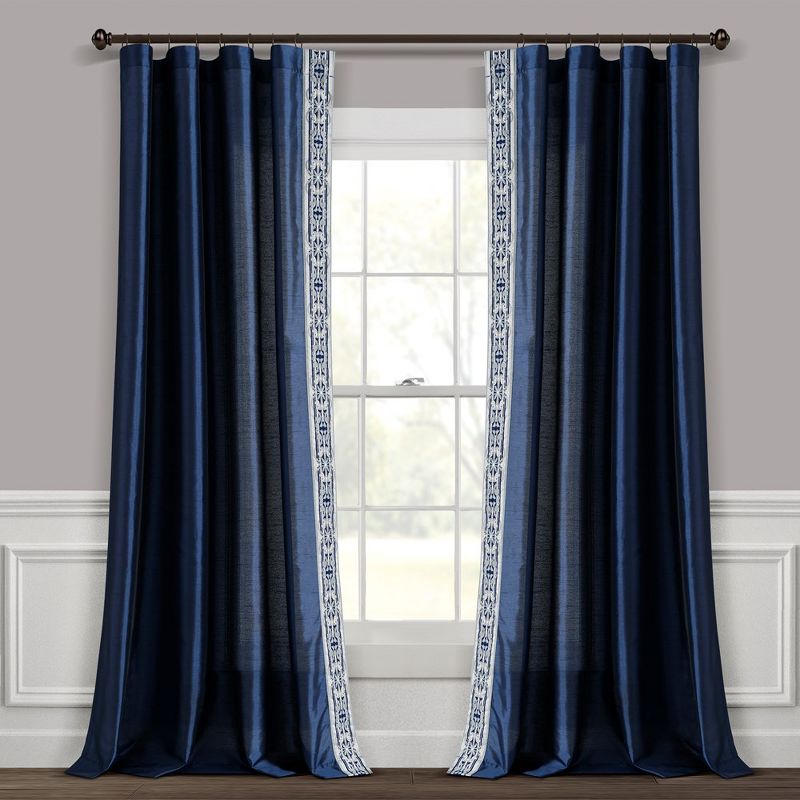 Luxury Traditional Regency Faux Silk Border Trim Window Curtain Panel Navy Single 52x84, 2 of 6