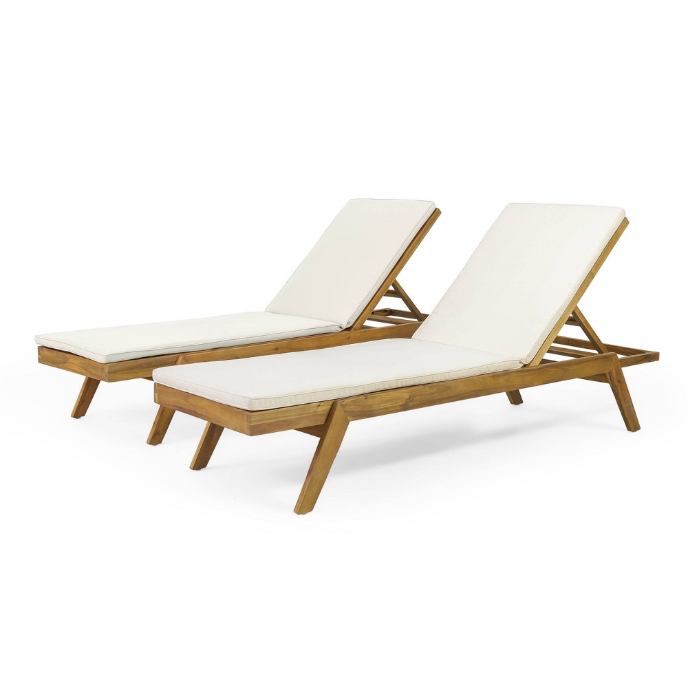 Caily 2pk Outdoor Acacia Wood Chaise Lounges with Cushions Teak Cream Christopher Knight Home