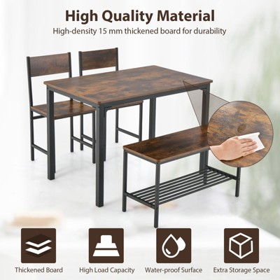 Rustic Brown MDF and Metal Dining Table Set with Bench and 2 Chairs