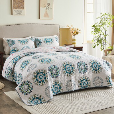 Inhand Microfiber Print Quilt Bedding Set, Flower print Soft Lightweight Coverlet For All Season
