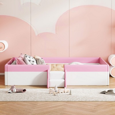 1pc Upholstered Daybed Frame, PU Leather Kids Bed with Fence and Stairs, Low Platform Design for Bedroom or Playroom - Baofuwish