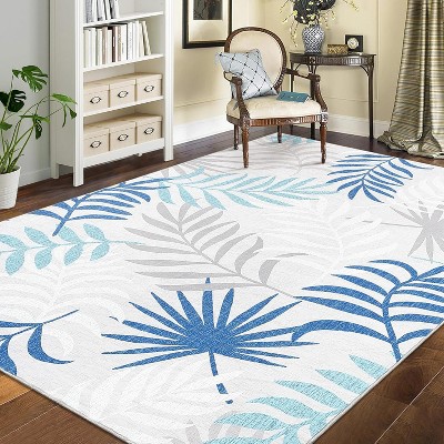 Botanical Washable Rug – Blue Low Pile Carpet, Non-Shedding, Stain & Slip Resistant, Easy-Clean for Living Room or High Traffic Areas