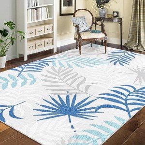 Botanical Washable Rug – Blue Low Pile Carpet, Non-Shedding, Stain & Slip Resistant, Easy-Clean for Living Room or High Traffic Areas - 1 of 4