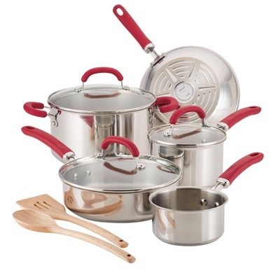 Rachael Ray 10pc Create Delicious Stainless Steel Cookware Set Red Handles