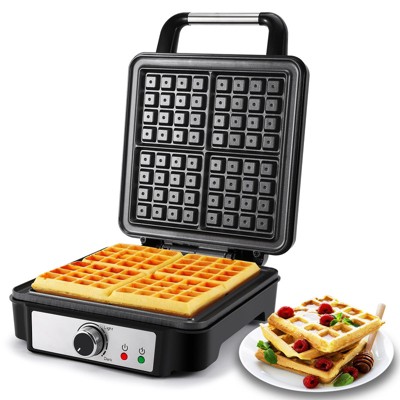 MONXOOK 4-Slice Belgian Waffle Maker, 1200W, non-stick, anti-overflow, adjustable browning, indicator lights, compact, includes recipes — silver/black
