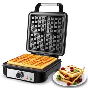 MONXOOK 4-Slice Belgian Waffle Maker, 1200W, non-stick, anti-overflow, adjustable browning, indicator lights, compact, includes recipes — silver/black - 1 of 4