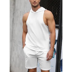 Men's Tracksuit 2 Piece Sleeveless Hooded Workout Tank Top and Shorts Casual Athletic Sports Hoodie Shorts Set - 1 of 4
