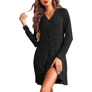 Ekouaer Nightgowns for Women Button Down Night Shirt Long Sleeve Ribbed Knit V-Neck Sleepwear Pajama Dress - 1 of 2