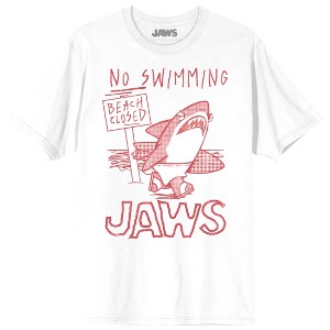 Jaws Franchise Beach Closed No Swimming No Surfing on White Adult  Crew Neck Short Sleeve T-shirt - 1 of 3